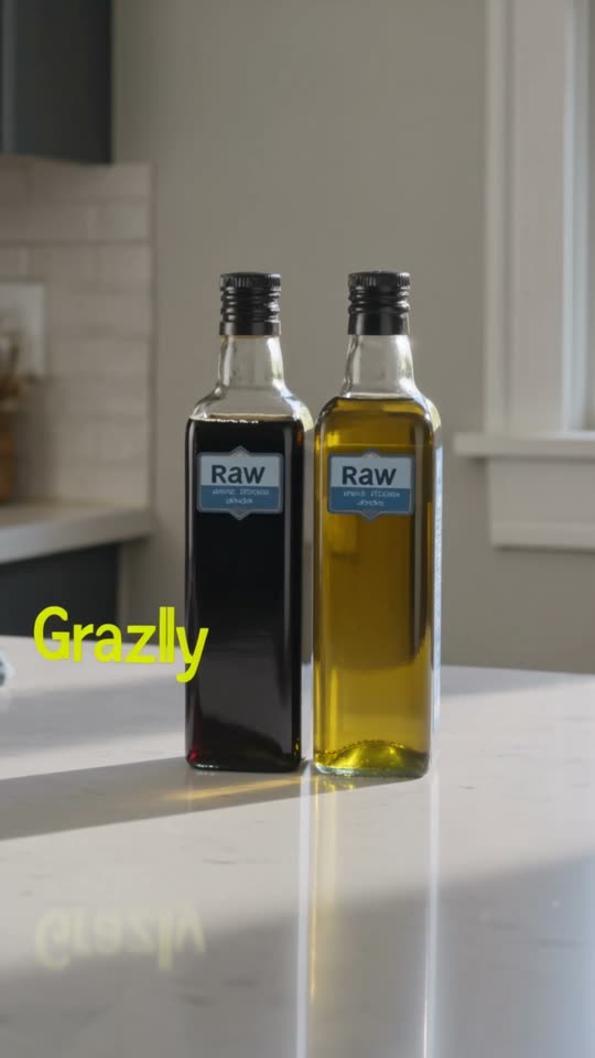 Text-only AI video: two unbranded bottles labelled Raw, and the word Grazly
