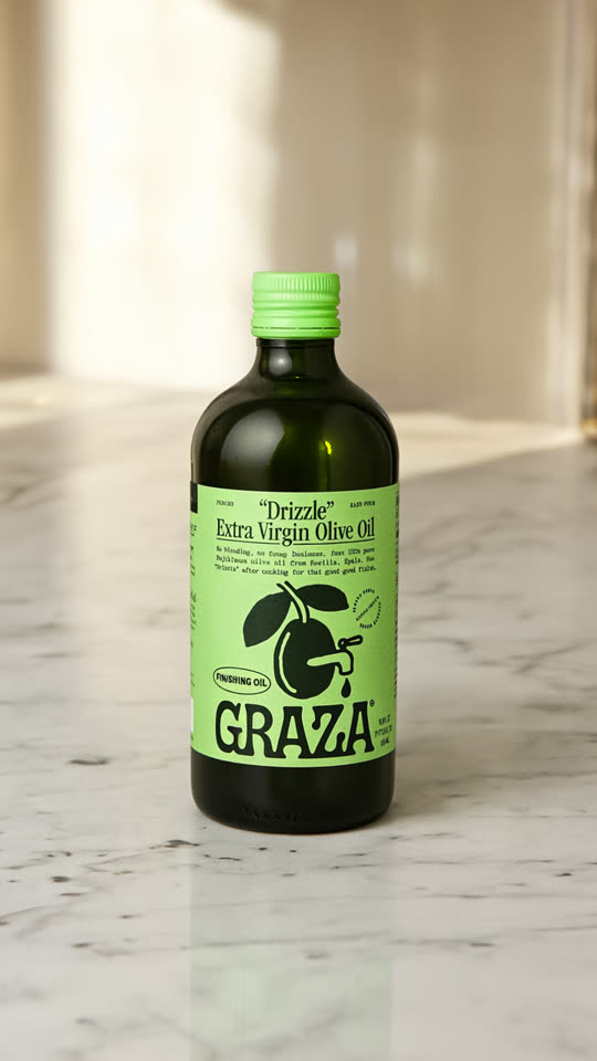 Speed Ramp Studios keyframe: the real Graza Drizzle bottle on marble